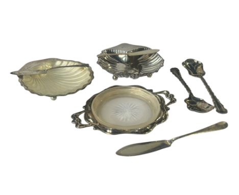 A silver scalloped butter dish with fitted glass dish together with a butter knife, also together with a further scalloped di