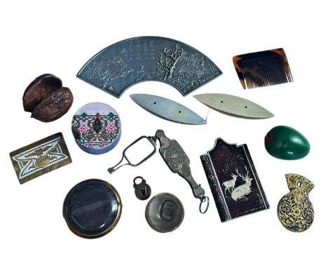 A quantity of small bijouterie items including small boxes, watch cock (as a brooch) tortoiseshell comb, etc