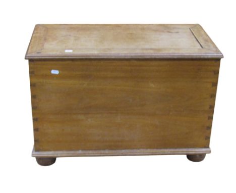 A small hardwood coffer, hinged lid, brass carrying handles, hardwood bun feet, 47cm high, 70cm x 36cm