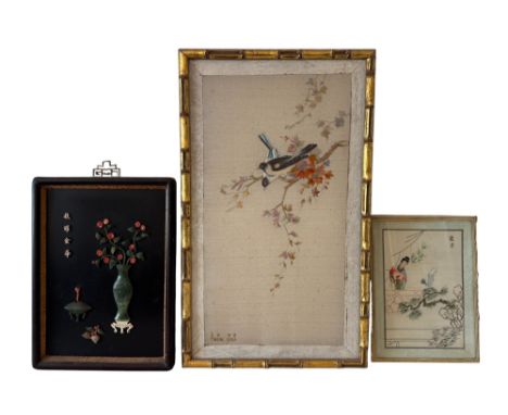 A silk embroidery titled 'Pyongyang, Korea' 58 x 35 cm, together with a Chinese hardstone panel and painted collage scene of 