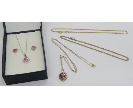 Group of gold jewellery comprising a 9ct white gold heart shaped pendant necklace set with pink sapphires and diamond chips, 
