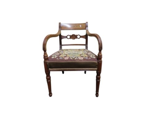 19th century mahogany elbow chair with tapestry seat together with a Georgian mahogany square cut washstand 