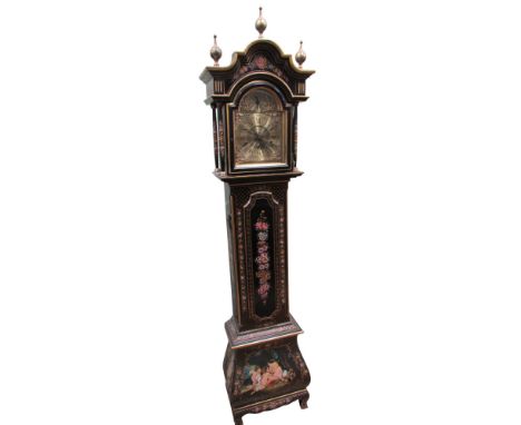 A mid-century longcase clock the black lacquered case with hand painted rosebud detail enclosing an arched brass dial and thr