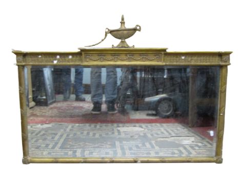 An Adams style overmantle mirror with moulded rectangular gilt frame, urn surmount, swag and further decorative detail (af), 