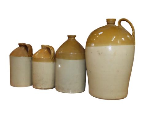 Four graduated salt glazed spirit jugs, one marked Tamworth another Bristol, and two ginger beer bottles (6)