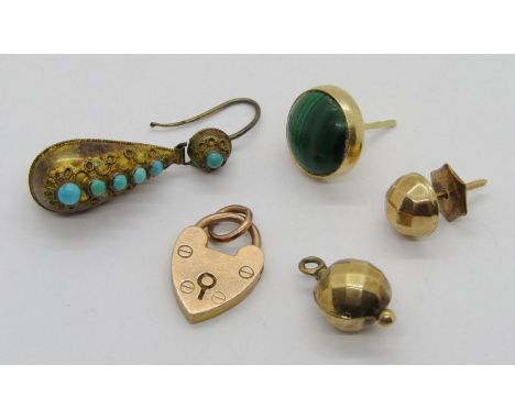 Group of gold / yellow metal jewellery comprising a Victorian yellow metal drop earring set vertically with cabochon turquois
