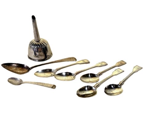 Five Victorian silver dessert spoons, London 1847, maker Chawner &amp; Co, together with a bent silver serving spoon and a si