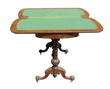 A Victorian walnut and figured walnut veneered fold-over top card table with inlaid detail, raised on turned and carved suppo
