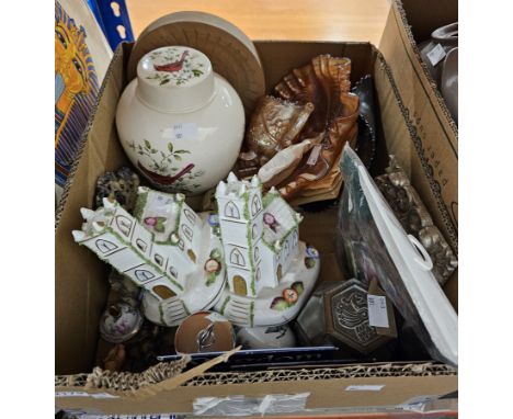 Two Coalport Village Church models, two Royal Worcester bird decorated egg coddlers, Royal Cauldon bird decorated ironstone l