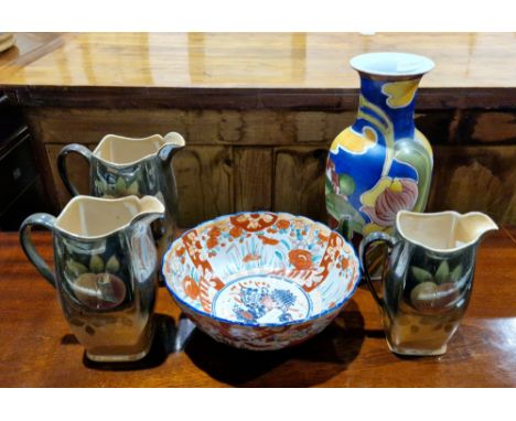 Japanese imari-style flared rim bowl, three Rubian Art pottery peach decorated lustre vases in different sizes and a Chinese 