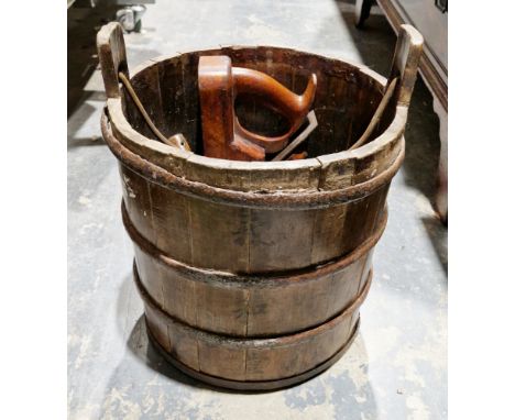 Coopered wood and wrought iron bucket with Chinese character marks to side, a vintage wood plane&nbsp;and a small collection 