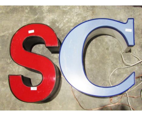 Two vintage illuminated letters S in red and C in blue and two large modern circular wall clocks by IKEA (4)&nbsp;