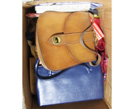 Quantity of textiles and accessories&nbsp;to include scarves and handkerchiefs, leather handbag, embroidered napkins and othe