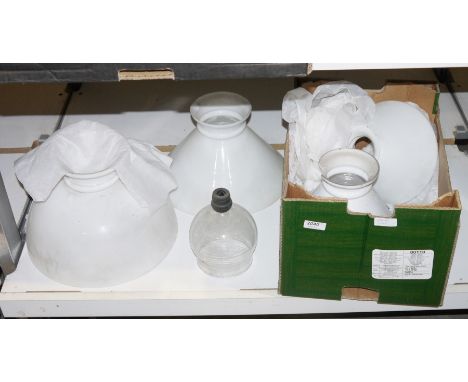 Four opaque glass lamp shades, largest 30cm diameter together with a clear glass shade (5)