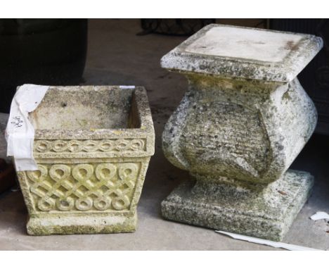 Reconstituted stone square planter with Celtic style twist decoration on a cast moulded pillar&nbsp;