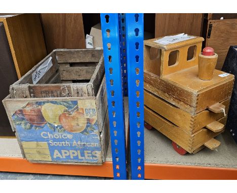 Wooden child's pullalong train set, one locomotive and two carriages with two vintage crates (3)&nbsp;