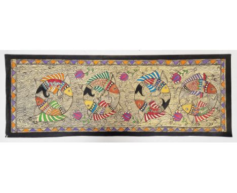 Hema Devi (Indian, 20th century)
Ink and watercolour
Madhubani school, frieze depicting four medallions of fish, unframed, ar