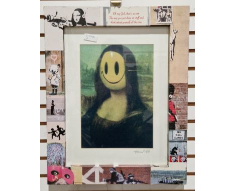 Printed copy of Banksy's Mona Lisa Smile, housed in frame decorated with Banky's art work, indistinctly signed to mount, fram