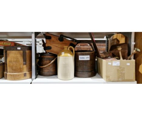 Pine and iron trug, small quantity of wooden buckets and other vessels, a large ceramic demijohn, pair of wooden brass topped