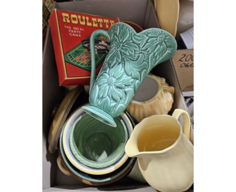 Quantity of various ceramic decorated plant pots, a Sylvac floral decorated jug, a collection of board games and jigsaws&nbsp