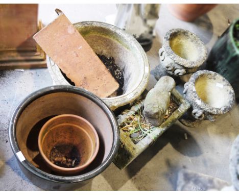 Collection of reconstituted stone garden planters&nbsp;of various shapes and sizes including a large green glazed example, a 