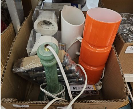 Modernist-style orange case glass table lamp, two Skeninge IKEA lights, a white ceramic jug&nbsp;and other items (1 box)&nbsp
