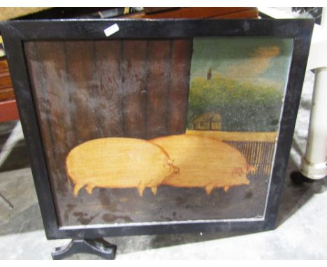 Oil on board, two pigs in a farmyard scene, within black painted stands,&nbsp;two prints after J C Harrison, one of clovers t