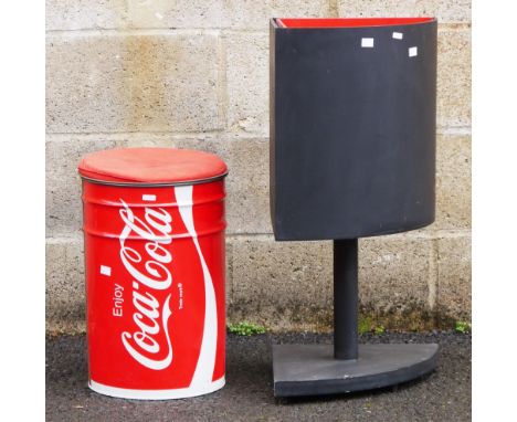 Black and red corner waste paper bin&nbsp;raised on stand, 74cm high with a large Coca Cola storage can&nbsp;with cushion, 43