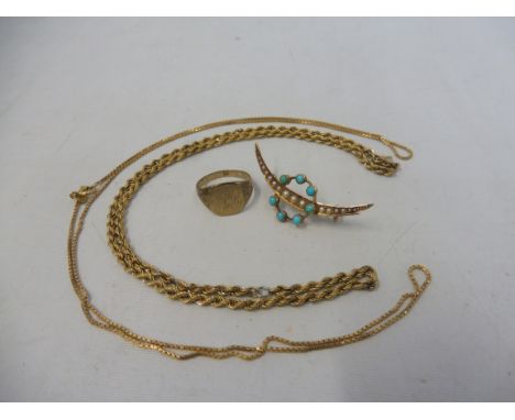 Two 9ct gold chains, a cased 9ct gold ring and a 9ct gold crescent brooch set with turquoise, approx. 11.2g.