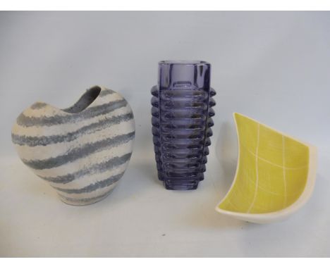 A stylish Carltonware dish, a ribbed purple glass vase and a German vase.