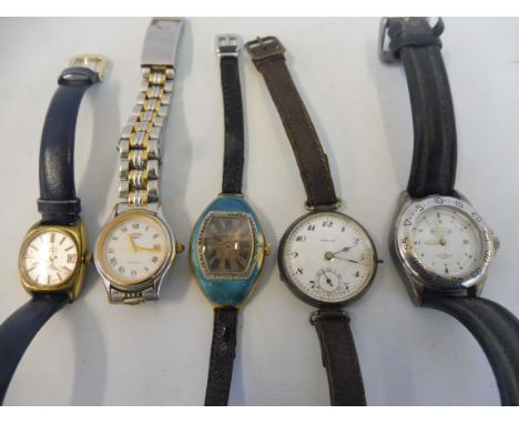 A blue enamel and diamond set wristwatch and four others. 