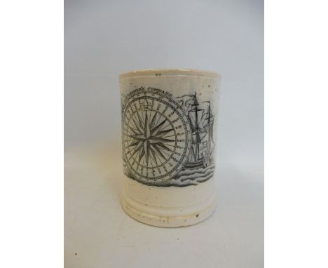 A 19th Century creamware mug, with 'The Mariner's Compass' and images of ships to the front, with frog or salamander crawling