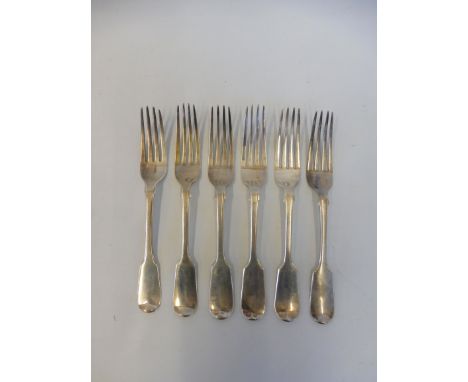 A set of five Victorian fiddle pattern table forks, London 1842, maker CB; and a matching George III table fork, London 1815,