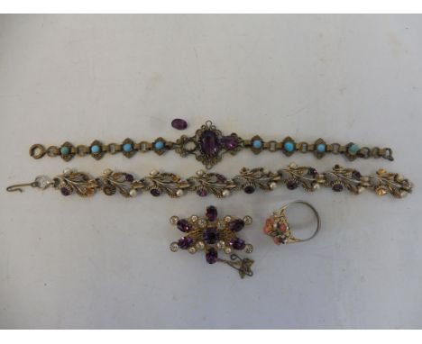An amethyst and turquoise set bracelet (one stone loose), an amethyst and seed pearl bracelet, an costume brooch and a coral 