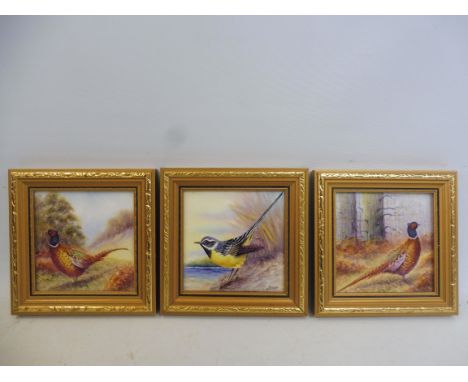 A pair of small gilt framed hand painted porcelain plaques, scenes of a pheasant in the countryside, plus a third of a bird b