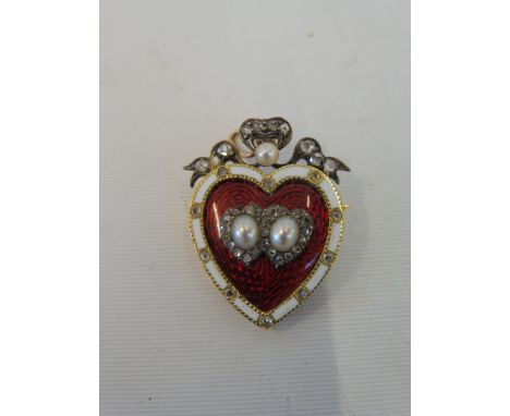 A cased yellow metal (assumed gold) and enamel heart-shaped brooch set with diamonds, with pendant fitting, approx. 9.6g. 