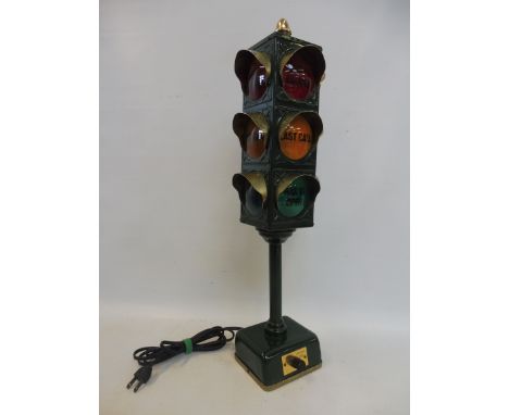 A Japanese Bonbori calling time bar lamp formed as a set of trraffic lights, 19 1/2" h.