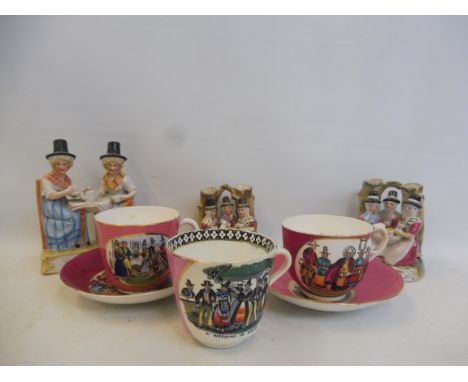 Two late 19th Century fairings The Welsh Tea Party and a similar figure group, plus various early Welsh cups and saucers.