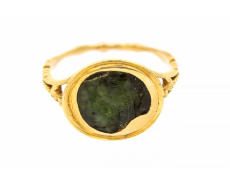 A classical green chalcedony intaglio possibly ancient Greek from 1st Century BC, set in a later Georgian gold ring mount, th