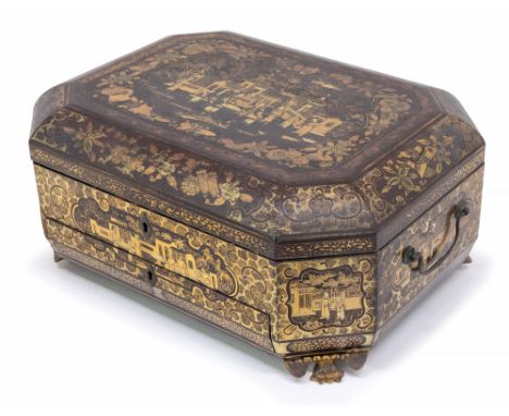 A late 19th century Chinese export lacquered sewing box of octagonal form, standing on carved animal like feet, the box heavi