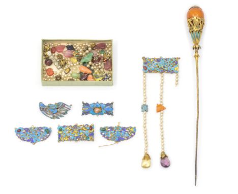 Qing Dynasty- a collection of late 19th or early 20th century Chinese gilt  Dian-cui (kingfisher inlaid) jewellery/ornaments,