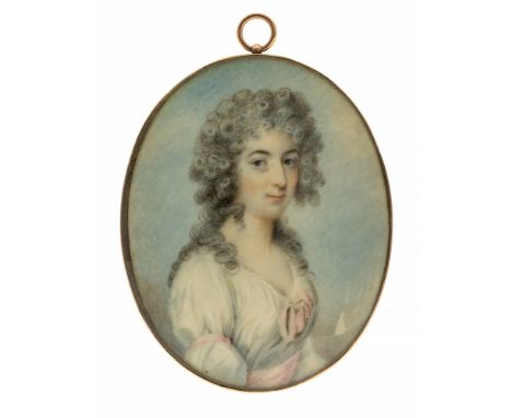 Mary Ann Knight (1776-1861), Portrait of a woman with powdered natural curls dressed in a pink and white gown, watercolour on