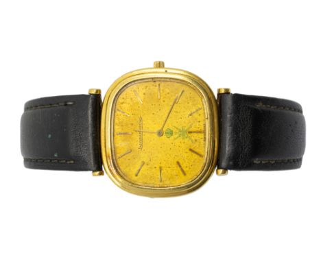 Oman interest Jaeger LeCoultre- a gentleman's 18ct gold quartz wristwatch, comprising a signed cushion shaped gilt dial with 