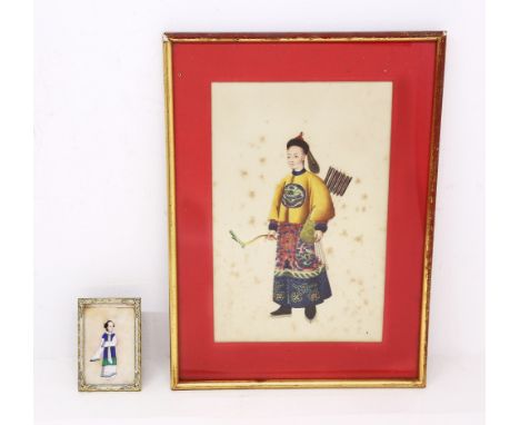 A Chinese small painting on pith, circa 1850, depicting a maiden courtier wearing blue, white and green robe, approx. 8.5cm x