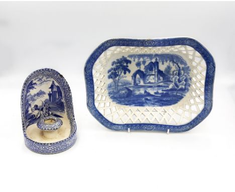 A 19th century blue and white printed chamber stick, in the 'Arcadian Chariots' pattern, approx. 15cm high, along with a Dave