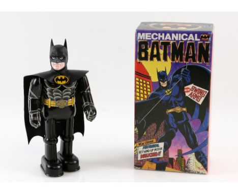 Batman - Mechanical Tin Plate Batman by Billiken - swing arms, new crank mechanical key wind-up motor walking, from 1989, box