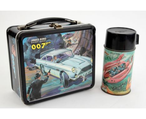 James Bond 007 - Aladdin Industries incorporated metal lunchbox &amp; flask from 1966 showing images of Thunderball &amp; Gol