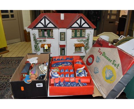 A BOX AND LOOSE TOYS, to include a 1930s dolls house, possibly Triang, a Mattel Thomas the Tank Engine train set with station
