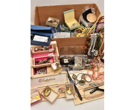 A BOX OF ASSORTED COSTUME JEWELLERY, to include a small floral detailed jewellery box, together with assorted costume jewelle
