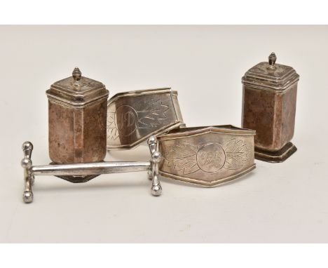 A SMALL ASSORTMENT OF SILVER ITEMS, to include two napkin rings both engraved with initials, hallmarked Birmingham, a pair of